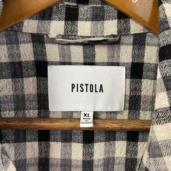 Pistola Flannel Shirt XL Plaid Check Black Ivory Tab Sleeve Button Back Pullover - Picture 5 of 11
